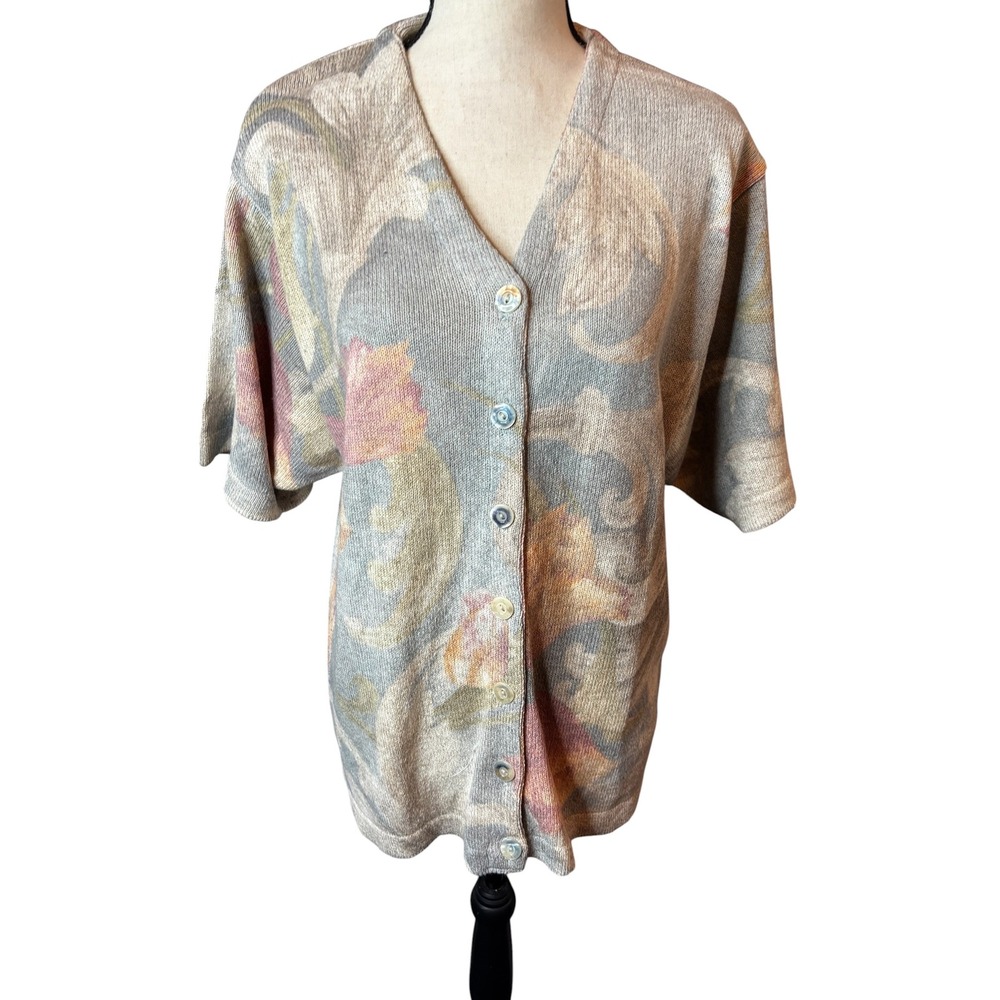 Vintage Reversible Floral Cardigan Sweater Short Sleeve V-Neck Grey Pink Multi L